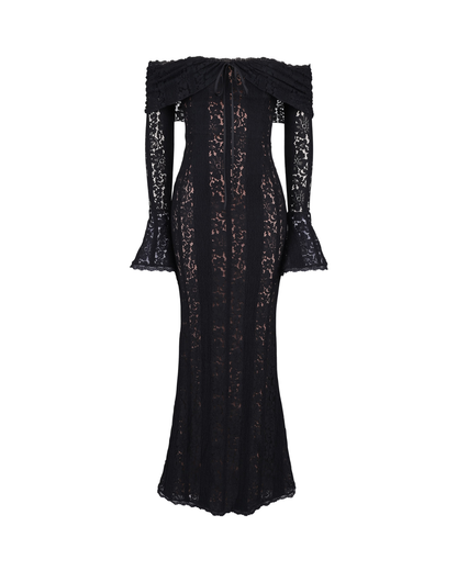 Women's Black Floral Lace Maxi Dress | Elegant Off-Shoulder Evening Gown 6