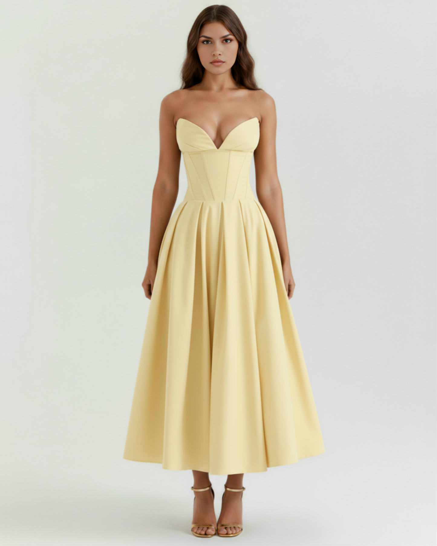 Woman wearing a strapless yellow dress on a white background