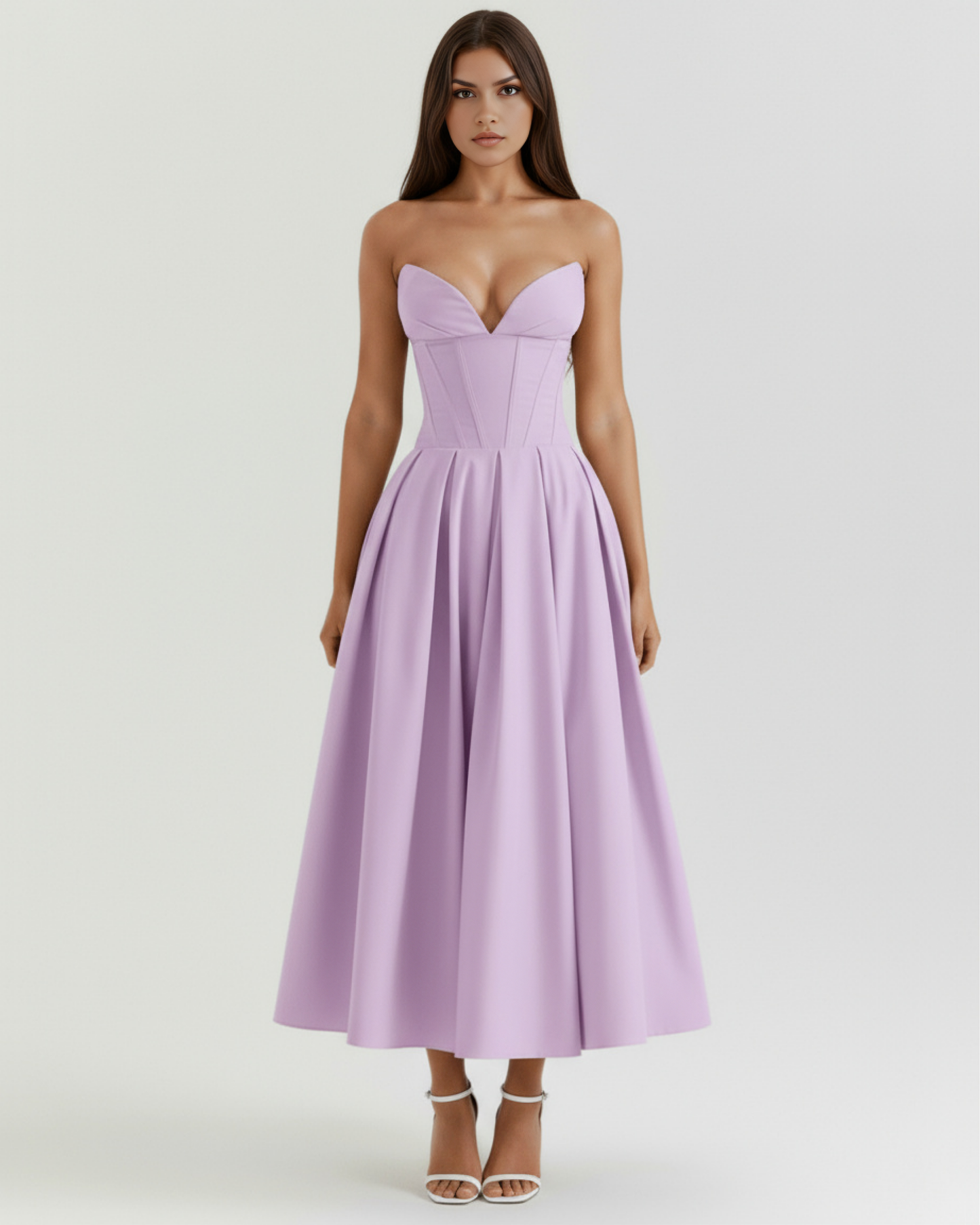 Woman wearing a strapless lilac dress on a white background