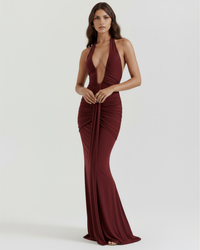 Ariel Collection | Burgundy Maxi Dress with Plunging Halter Neckline | Flattering Fit for Glamorous Events 1