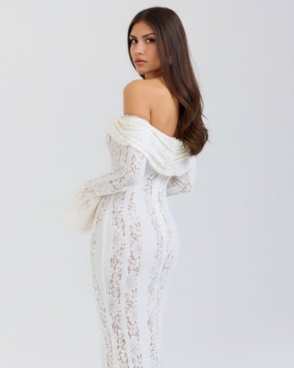 Women's Black Floral Lace Maxi Dress | Elegant Off-Shoulder Evening Gown 8