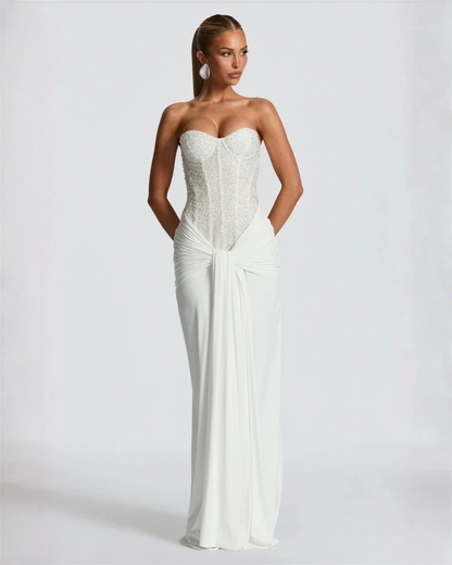 Women's Glitter-Infused Polyester Evening Gown | Elegant Off-Shoulder Formal Dress 1