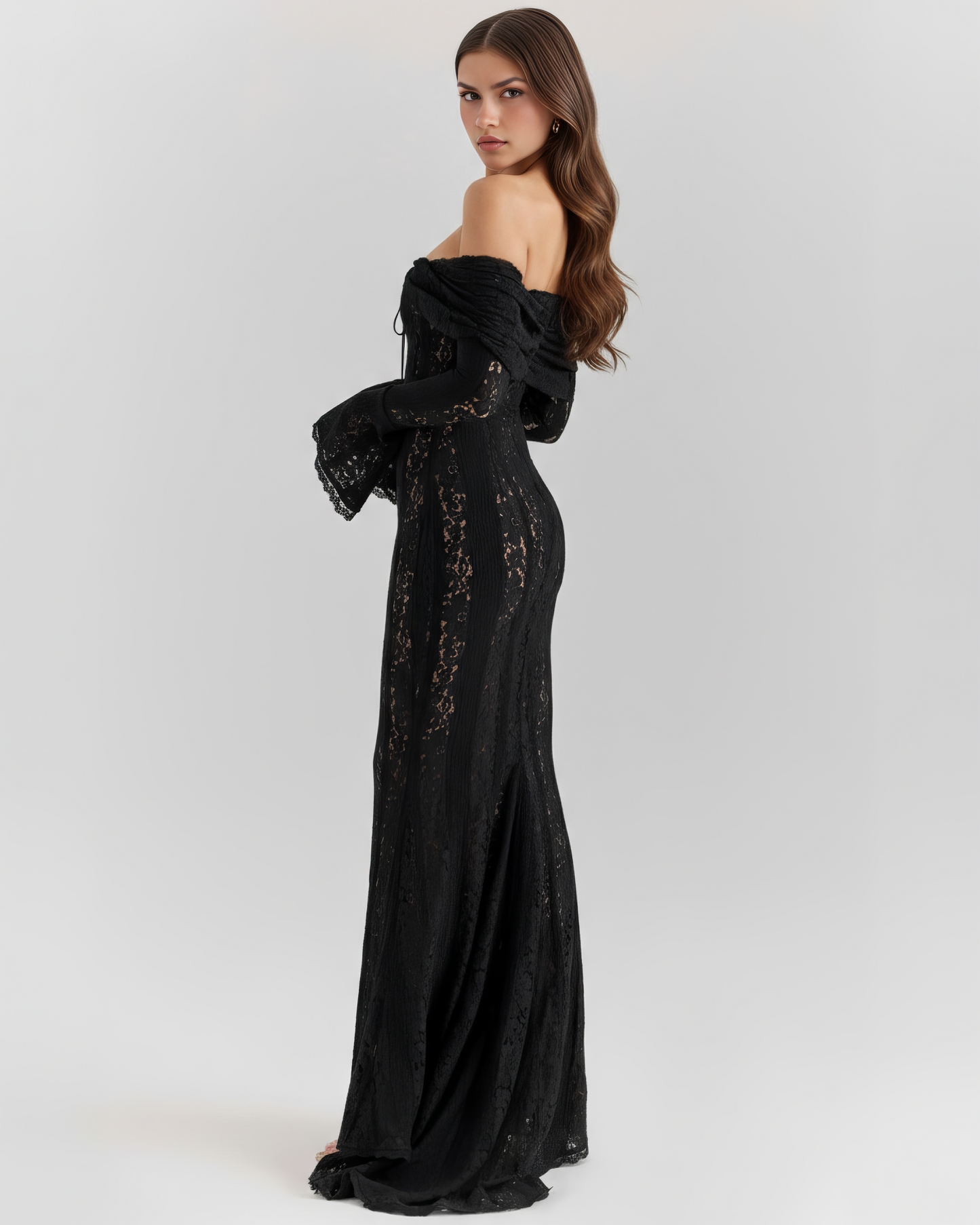 Women's Black Floral Lace Maxi Dress | Elegant Off-Shoulder Evening Gown 5