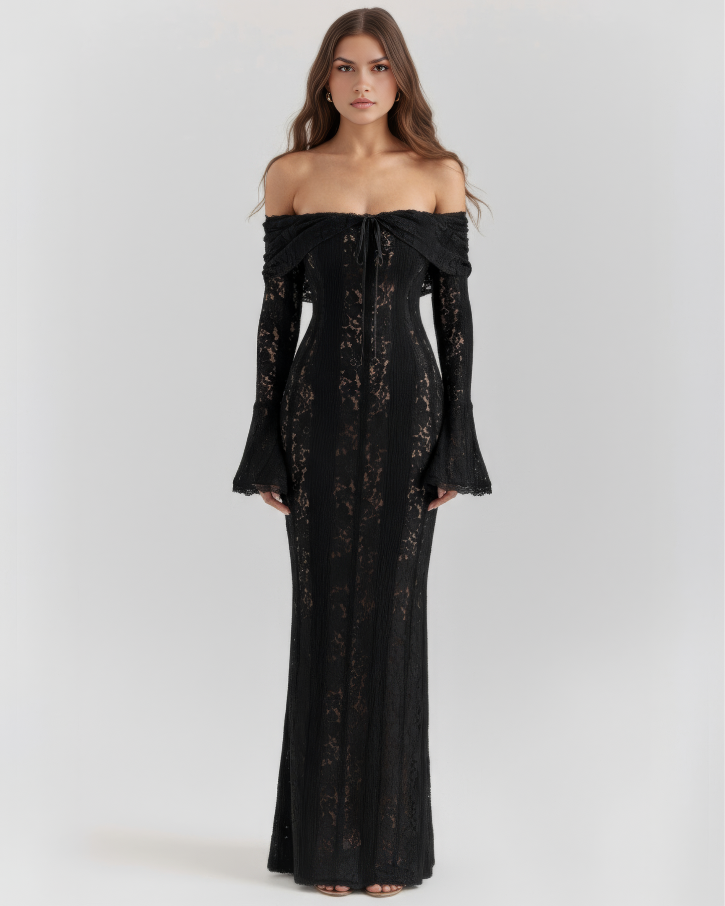 Women's Black Floral Lace Maxi Dress | Elegant Off-Shoulder Evening Gown 1