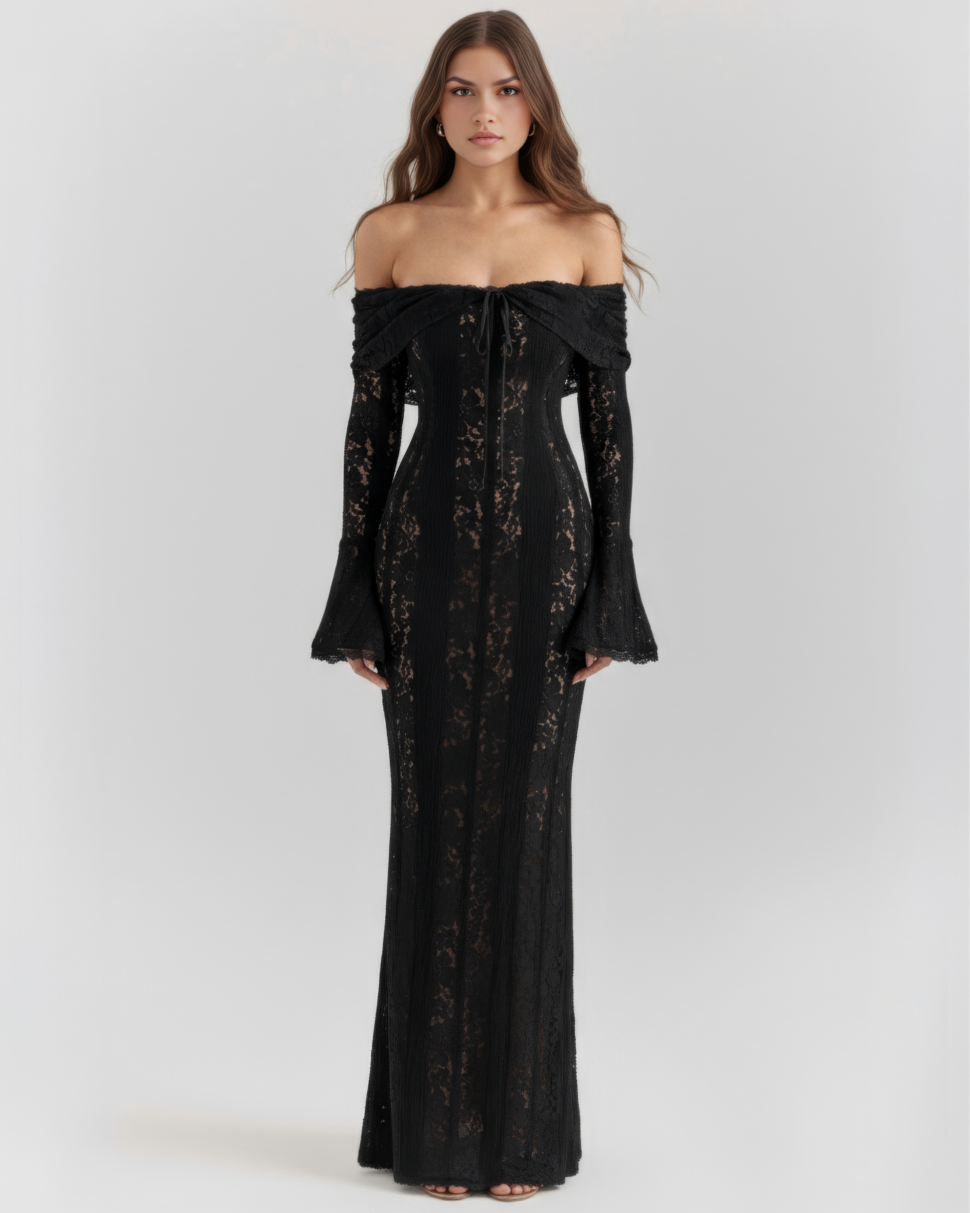 Women's Black Floral Lace Maxi Dress | Elegant Off-Shoulder Evening Gown 1