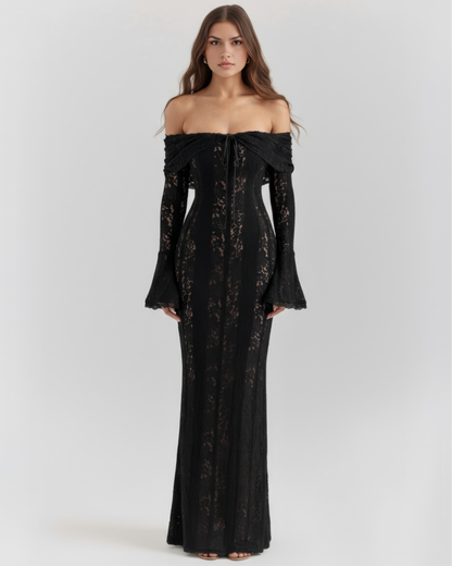 Women's Black Floral Lace Maxi Dress | Elegant Off-Shoulder Evening Gown 1